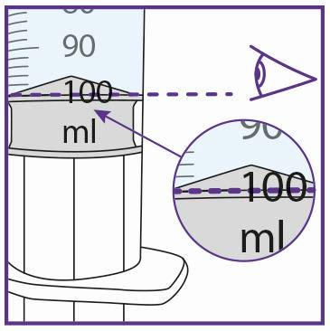 Siringa trasparente con scala graduata da 90 a 100 ml e ingrandimento che mostra il livello del liquido alla tacca 100 ml