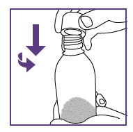 Flacone medicinale con polvere sul fondo e tappo a spirale da svitare indicato da frecce direzionali