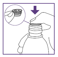 Mano che rimuove il tappo protettivo da un flacone medicinale con filettatura, dettaglio ingrandito del tappo rimosso e freccia direzionale viola