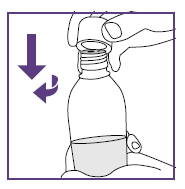 Fiala di vetro con liquido e tappo a vite, freccia viola indica rotazione antioraria per rimuovere il tappo