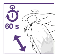 Mano che preme un dispositivo autoiniettante con freccia viola verso l