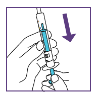 Mano che tiene una penna per iniezione blu e bianca con ago inserito e freccia che indica la direzione