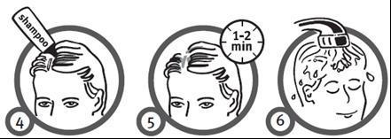 Applicazione di shampoo sulla testa con movimenti circolari per 1-2 minuti secondo le istruzioni numerate