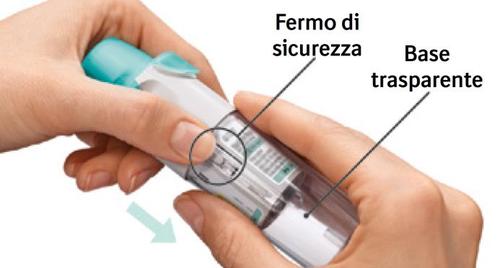 Mano che tiene una penna per iniezione con indicazioni freccia e cerchio su base trasparente e meccanismo di sicurezza