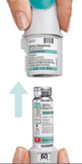 Dispositivo autoiniettore con cartuccia collegata e fiala di medicinale sottostante freccia blu indica direzione