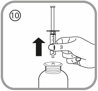 Mano che tiene una siringa sopra un flacone medicinale con freccia direzionale verso l