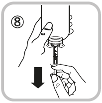 Mano che afferra una penna per iniezione con ago esposto e freccia nera che indica la direzione verso il basso