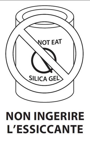 Simbolo di divieto con un cilindro e una croce, scritta "NOT EAT" e "SILICA GEL", avviso "NON INGERIRE L