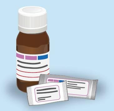 Flacone ambrato con etichetta bianca e blu e due bustine sigillate argentate con scritte nere