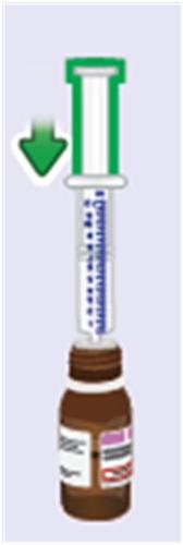 Fiala marrone con etichetta bianca e tappo verde, siringa pre-riempita sopra la fiala con freccia verde rivolta verso il basso
