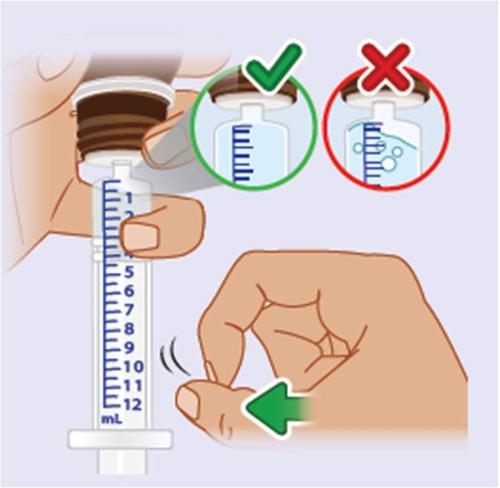 Mano che riempie una siringa da un flacone medicinale con indicazioni di corretto e scorretto prelievo evidenziate da segni di spunta e croci