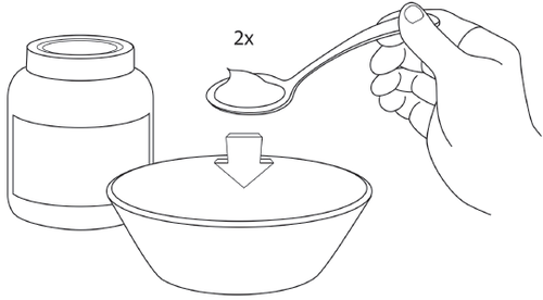 Mano che versa con un cucchiaio una dose di polvere da un barattolo in una tazza graduata con indicazione 2x
