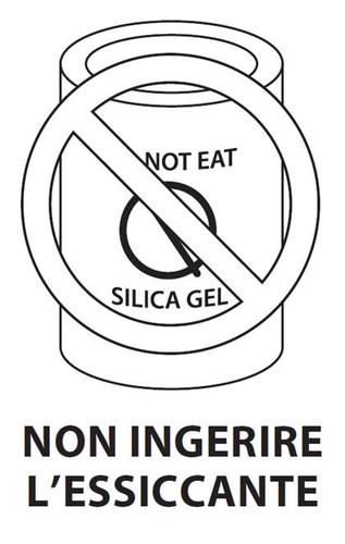 Simbolo di divieto con croce su un cilindro contenente silica gel non ingeribile, testo "NON EAT" e "NON INGERIRE L