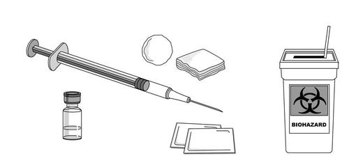 Siringa, flacone con liquido, tamponi, contenitore per oggetti appuntiti con simbolo biohazard e tappo di protezione