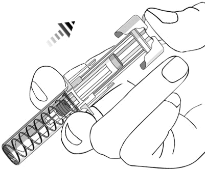 Dispositivo autoiniettante con molla a vista tenuto in mano, sezione trasversale mostra pistone e meccanismo interno