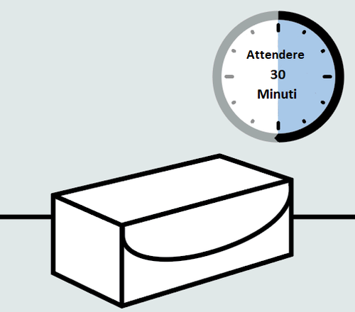 Orologio con indicazione di attesa di 30 minuti sopra una confezione di farmaco stilizzata