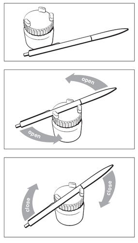 Fiala di vetro con stantuffo e ago, indicazioni di apertura con frecce e rotazione per chiusura