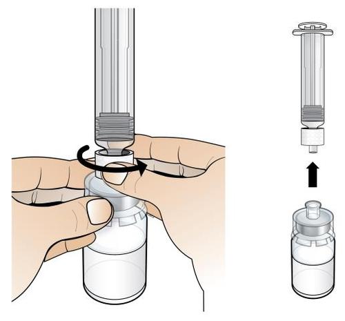 Mani che avvitano un tappo su un flacone medicinale con una freccia che indica il movimento e un flacone separato a destra