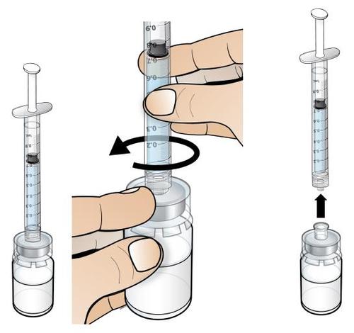 Siringhe con farmaco e flacone, mano che ruota e preleva il medicinale con l