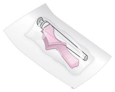 Siringa preriempita con stantuffo rosa e ago protetto in confezione trasparente sigillata