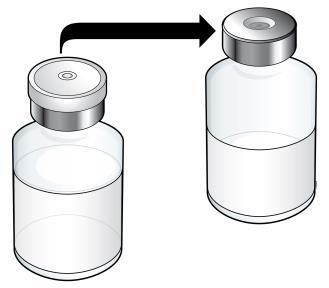 Fiala di vetro trasparente con tappo metallico grigio e una fiala vuota a destra con freccia nera che indica il trasferimento