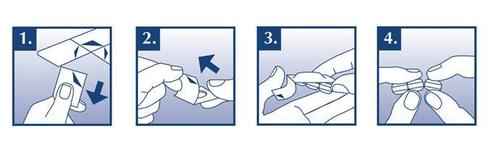 Preparazione e utilizzo di un dispositivo medico a penna con quattro passaggi illustrati in sequenza numerata