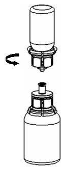 Fiala con tappo e cilindro di vetro collegati da una freccia curva che indica il movimento di inserimento