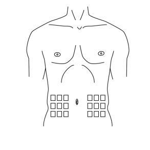 Torso umano stilizzato con indicazione di aree per iniezioni sottocutanee evidenziate da riquadri multipli sull