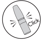 Penna iniettabile grigia con indicazione di click e frecce che indicano l