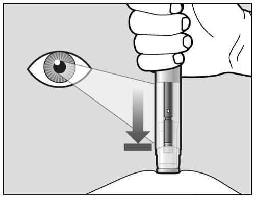 Occhio umano che osserva una penna per iniezione con pistone premuto verso il basso da una freccia grigia
