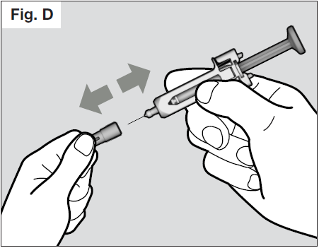Mano che tiene una siringa preriempita con ago inserito nel tessuto sottocutaneo frecce indicano movimento di iniezione e rimozione ago