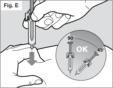 Mano che tiene una siringa con ago inserito nella pelle ad angolo retto, freccia che indica la direzione e schema comparativo angoli 45° e 90° OK