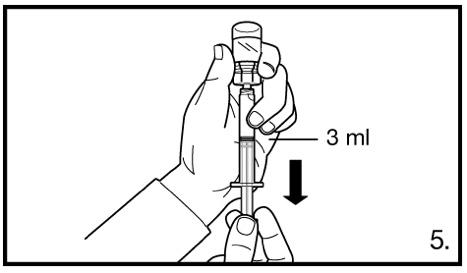 Mano che tira lo stantuffo di una siringa graduata a 3 ml indicata da una freccia nera rivolta verso il basso