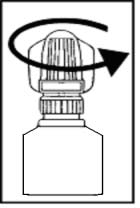Fiala medicinale con tappo a vite e freccia curva che indica il senso di rotazione per l