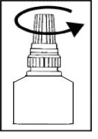 Fiala medicinale con tappo a vite e freccia circolare che indica il movimento di avvitatura