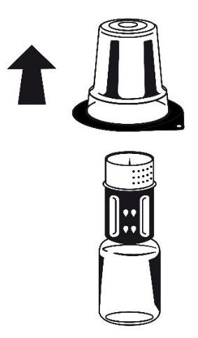 Capsula medicinale con due bande verticali scure sopra un adattatore nero e fiala con stantuffo e tappo inferiore