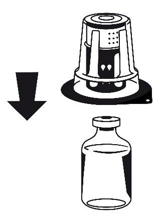 Adattatore grigio con fiala sottostante e freccia nera che indica la direzione di inserimento nel flacone di vetro trasparente