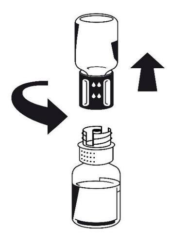 Fiala medicinale con tappo nero e frecce curve che indicano la rotazione per la preparazione all