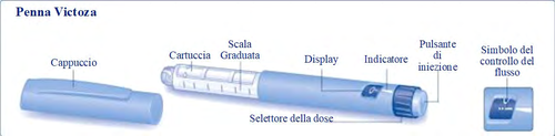 Penna iniettabile blu con cappuccio, cartuccia, scala graduata, display, selettore della dose e pulsante di iniezione