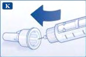 Siringa con ago protetto da cappuccio, freccia blu indica direzione di rimozione del cappuccio protettivo