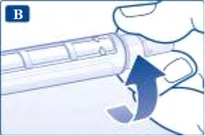 Penna per iniezione con ago inserito e freccia nera che indica la direzione di rotazione per l