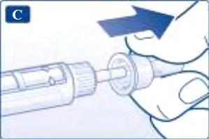 Connessione di una siringa preriempita con un ago, tenuta tra le dita, freccia blu indica la direzione di inserimento