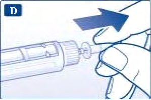 Mano che tiene una penna per iniezione con ago inserito, freccia blu indica la direzione di rotazione del dispositivo