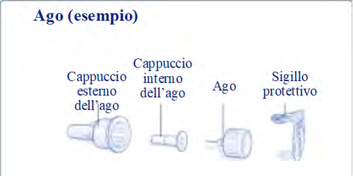 Ago da iniezione smontato con cappuccio esterno, cappuccio interno, ago e sigillo protettivo illustrati