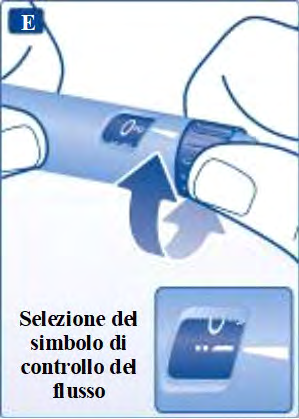 Penna iniettabile con indicatore di flusso e freccia che mostra la selezione del simbolo di controllo del flusso