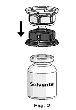 Fiala con solvente, tappo nero e connettore grigio con freccia direzionale verso il basso per indicare l