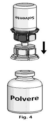 Fiala di solvente sopra una fiala di polvere con freccia nera che indica l