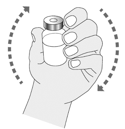 Mano che stringe un flaconcino medicinale con tappo grigio e frecce curve nere che indicano il movimento rotatorio