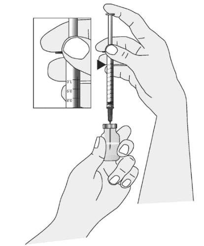 Mano che tiene una siringa e preleva il farmaco da un flaconcino trasparente con ago inserito