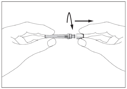 Due mani che assemblano una siringa premendo un ago trasparente sull